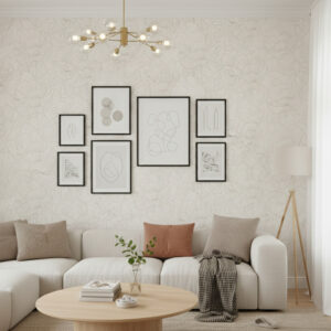 A zoomed-in of Cream Peony Contour wallpaper living room installation highlighting delicate floral linework on a soft cream background