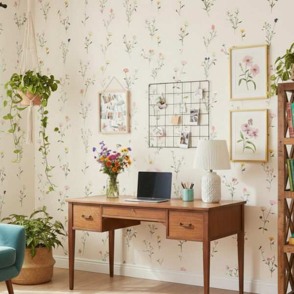 A zoomed-in of a dainty meadow bloom wallpaper in a bright home office with wooden desk, hanging plants, framed floral art, and soft natural light
