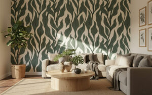 Deep Sage Willow mural living room installation featuring bold vertical leaf pattern with natural earthy tones