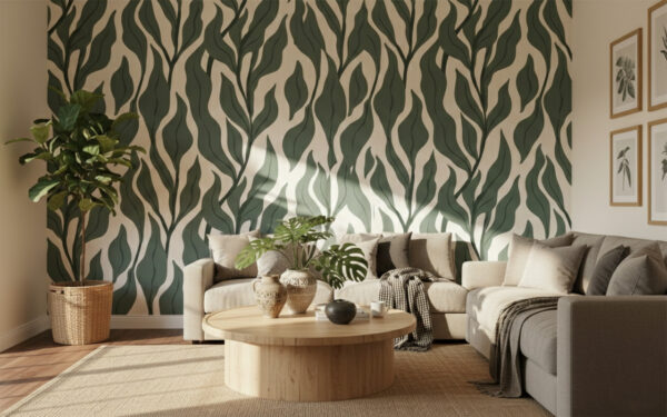 Deep Sage Willow mural living room installation featuring bold vertical leaf pattern with natural earthy tones