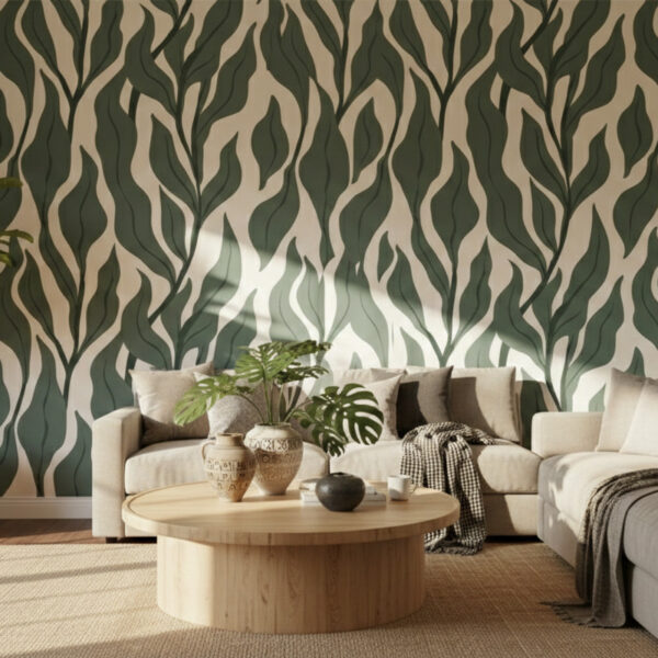 Deep Sage Willow mural living room installation featuring bold vertical leaf pattern with natural earthy tones