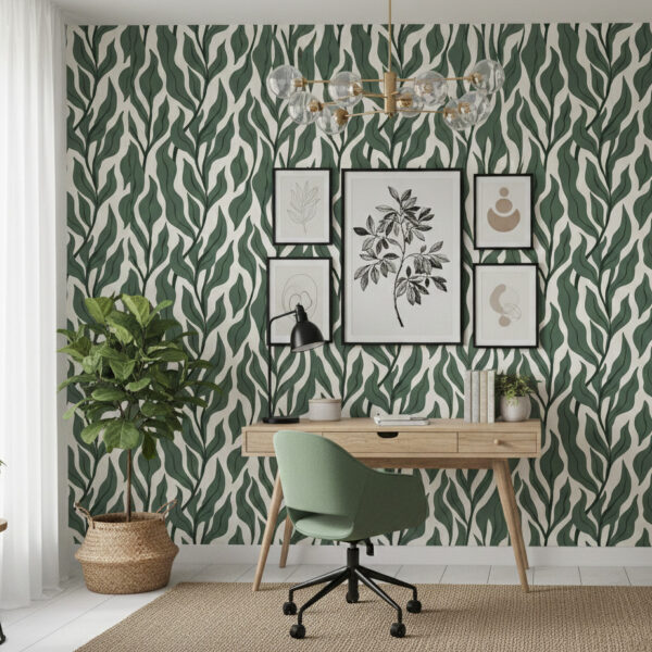 Deep Sage Willow wallpaper home office installation featuring bold botanical leaf pattern in deep sage tones