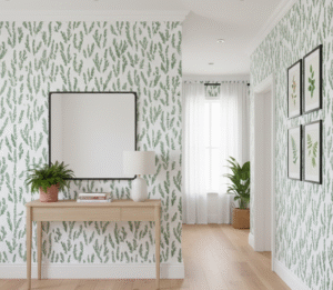 Entryway styled with forest sprig wallpaper, featuring delicate green botanical branches on white walls, paired with light wood furniture, framed botanical art, and natural plants.