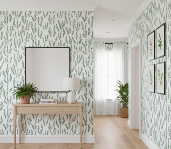 Entryway styled with forest sprig wallpaper, featuring delicate green botanical branches on white walls, paired with light wood furniture, framed botanical art, and natural plants.