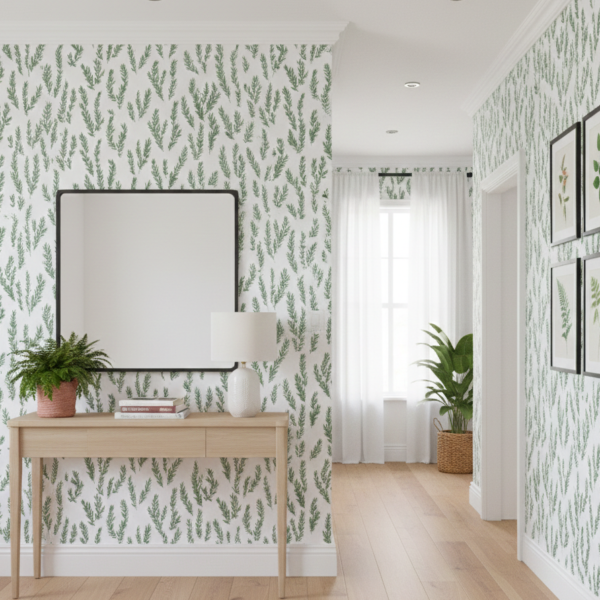 Entryway styled with forest sprig wallpaper, featuring delicate green botanical branches on white walls, paired with light wood furniture, framed botanical art, and natural plants.