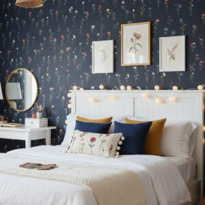 A zoomed-in of a midnight meadow bloom wallpaper behind a white bed with layered cushions, fairy lights, and botanical wall art