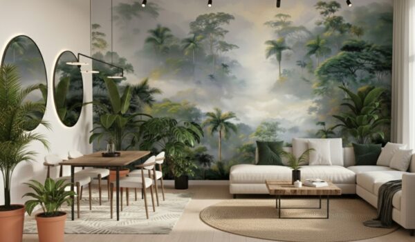 A zoomed-in of a dining space featuring a misty rainforest wall mural with palm trees and soft fog, paired with neutral furniture and indoor plants.
