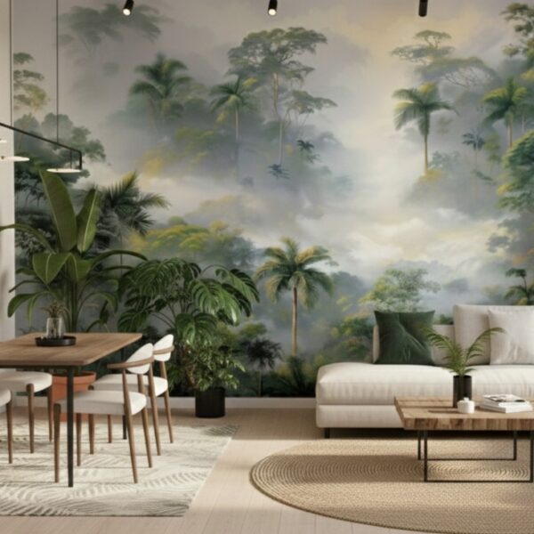 A zoomed-in of a dining space featuring a misty rainforest wall mural with palm trees and soft fog, paired with neutral furniture and indoor plants.