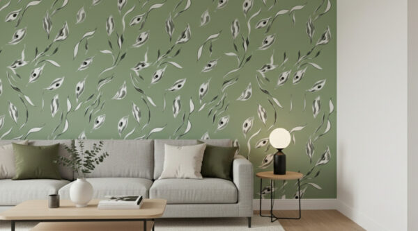 A zoomed-in of a sage green foliage wall mural, light sofa, neutral decor, and soft natural textures