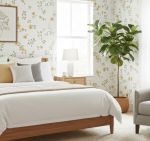 A zoomed-in of sunny buttercup sprig wallpaper, light wood bed frame, neutral bedding, and soft natural light