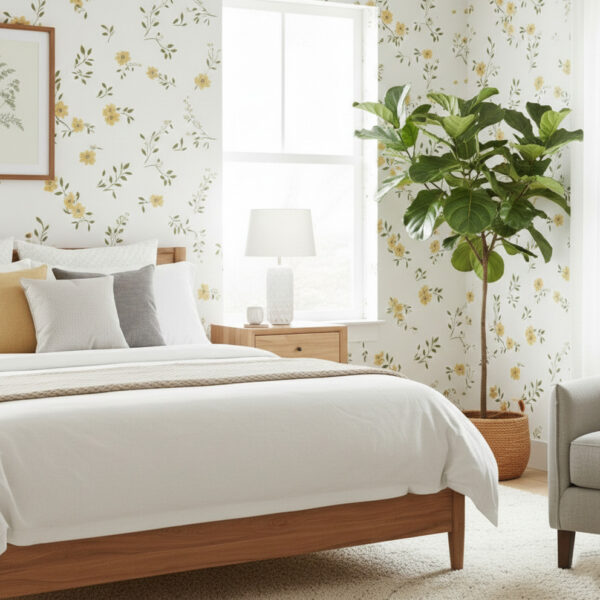A zoomed-in of sunny buttercup sprig wallpaper, light wood bed frame, neutral bedding, and soft natural light