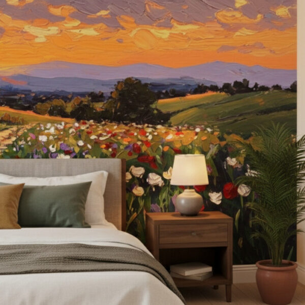 A zoomed-in of a sunset wildflower path mural behind a bed, showing a painted meadow of flowers, rolling hills, and warm sunset colours