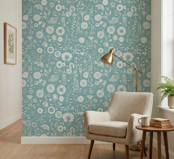 Teal folk floral wallpaper with white botanical illustrations styled in a cozy reading nook with a beige armchair, brass floor lamp, wooden side table, and light wood flooring.