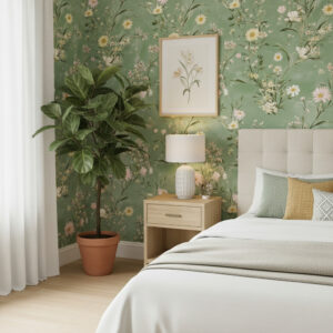 A zoomed-in of a sage meadow wallpaper, soft floral pattern, light wood nightstand, and potted indoor plant