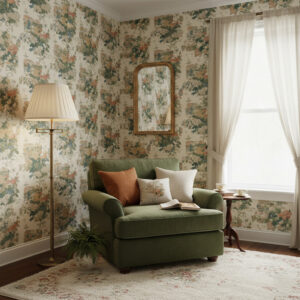 Vintage Tapestry Bouquet wallpaper cozy reading corner highlighting vintage floral pattern and warm tones