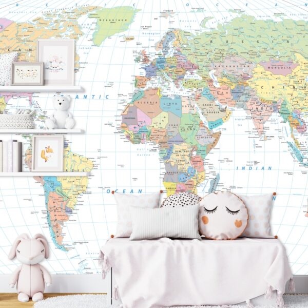 Explore the globe from the comfort of your room with the Classic Atlas World Map Mural.