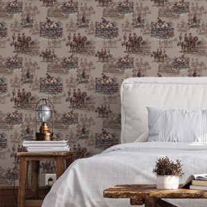 zoomed in of Astride at Dawn Brown wallpaper styled in a rustic bedroom