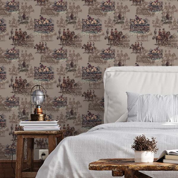 zoomed in of Astride at Dawn Brown wallpaper styled in a rustic bedroom