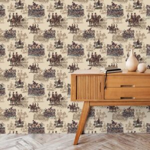 A zoomed-in behind a mid-century wood cabinet, showcasing classic horse riders and countryside illustrations.