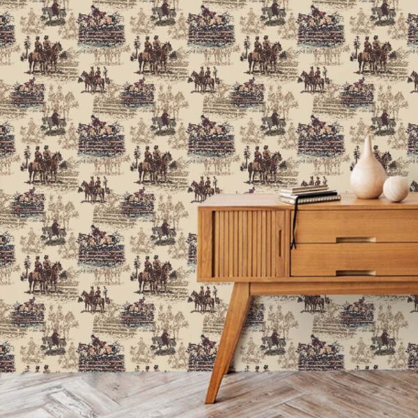 A zoomed-in behind a mid-century wood cabinet, showcasing classic horse riders and countryside illustrations.