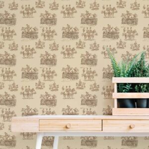 Astride at Dawn equestrian toile wallpaper behind a wooden desk with a potted fern.
