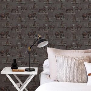 Zoomed-in view of Sage & Saddle Brown wallpaper showing detailed cowboy and horse illustrations.