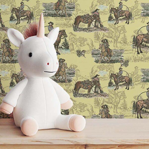 Zoomed-in view of Sage & Saddle Buttercup wallpaper showing detailed cowboy and horse illustrations.
