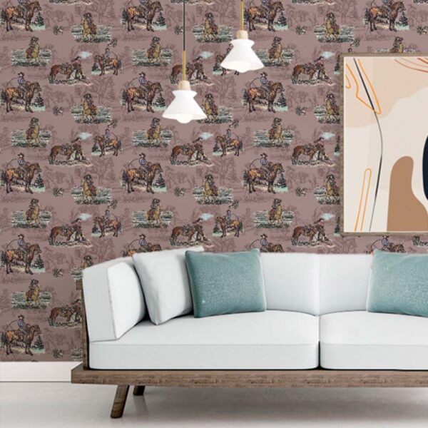 Sage & Saddle Petal Pink equestrian toile wallpaper behind a modern sofa.