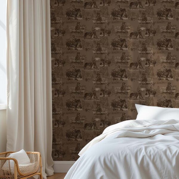 Zoomed-in view of Sage & Saddle Sepia wallpaper showing detailed cowboy and horse illustrations.