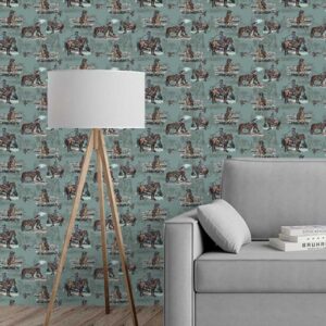 Zoomed-in view of Sage & Saddle Turquoise wallpaper showing detailed cowboy and horse illustrations.