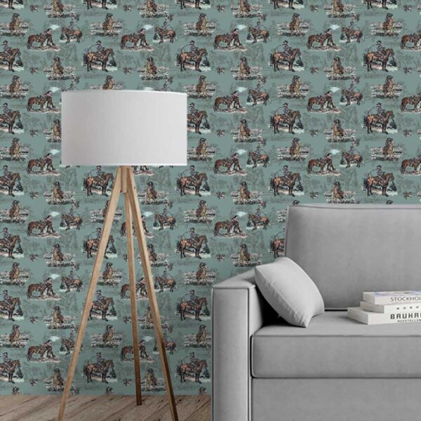 Zoomed-in view of Sage & Saddle Turquoise wallpaper showing detailed cowboy and horse illustrations.