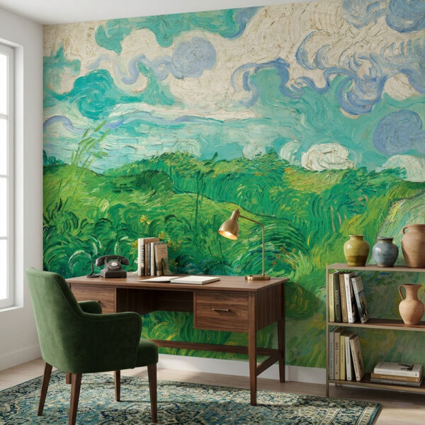 Auvers mural featuring expressive green fields and swirling blue sky behind a wooden desk in a home office.