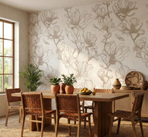 Champagne magnolia contour mural in a warm dining room with woven leather chairs and natural wood table.
