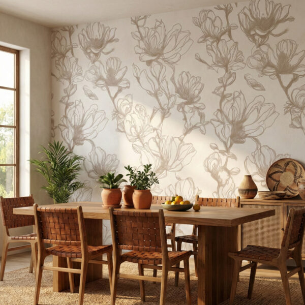 Champagne magnolia contour mural in a warm dining room with woven leather chairs and natural wood table.