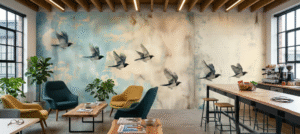 Ethereal Swallow Flight mural creating a dramatic feature wall in a modern lounge and café-style workspace.