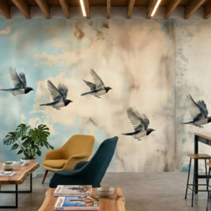 Ethereal Swallow Flight mural creating a dramatic feature wall in a modern lounge and café-style workspace.