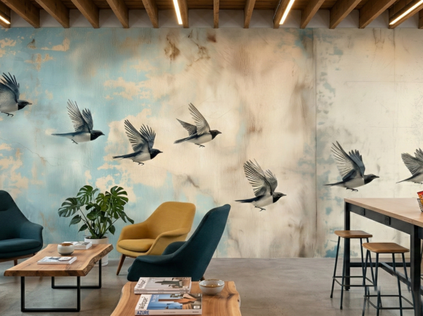 Ethereal Swallow Flight mural creating a dramatic feature wall in a modern lounge and café-style workspace.