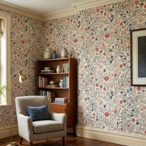 Ivory Garden floral wallpaper with grey vines and red-blue blossoms in a warm classic living room.
