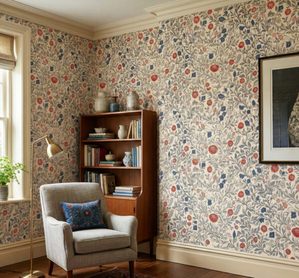 Ivory Garden floral wallpaper with grey vines and red-blue blossoms in a warm classic living room.