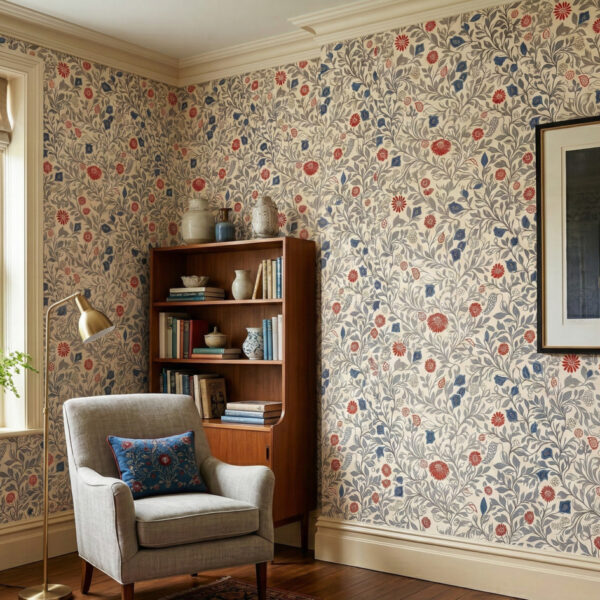 Ivory Garden floral wallpaper with grey vines and red-blue blossoms in a warm classic living room.