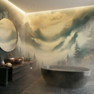 Serene misty mountain mural behind a freestanding tub in a modern spa bathroom.