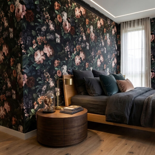 Noir Bloom Garden - Canadian-made peel and stick wallpaper for bedroom and living room walls