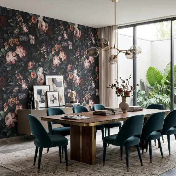 Noir Bloom Garden wallpaper styled in a luxurious dark bathroom with dramatic floral wallpaper and brass accents