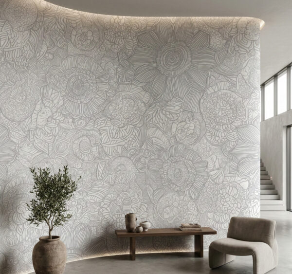 Large-scale pearl floral line art mural installed in an elegant living space with neutral seating and warm wood floors.