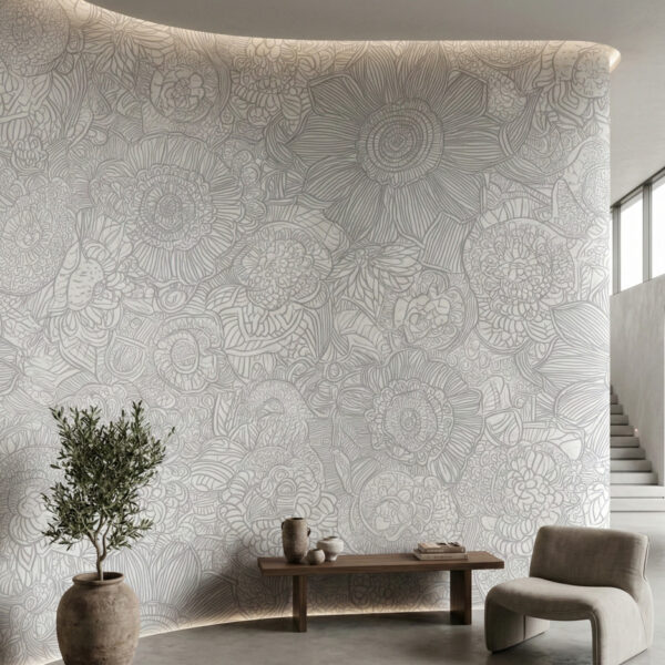 Large-scale pearl floral line art mural installed in an elegant living space with neutral seating and warm wood floors.
