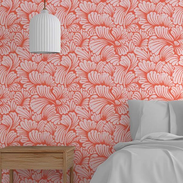 A zoomed-in fan the Flames wallpaper feature wall behind a bed with modern pendant light and wood side table.