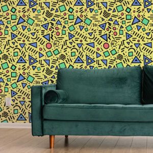 A zoomed party On wallpaper styled behind a green sofa in a vibrant retro living room.