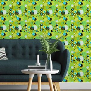 A zoomed-in of shaken Not Stirred wallpaper close-up showing layered circles, stripes, and graphic textures in blue and black.