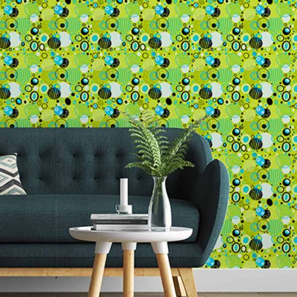 A zoomed-in of shaken Not Stirred wallpaper close-up showing layered circles, stripes, and graphic textures in blue and black.