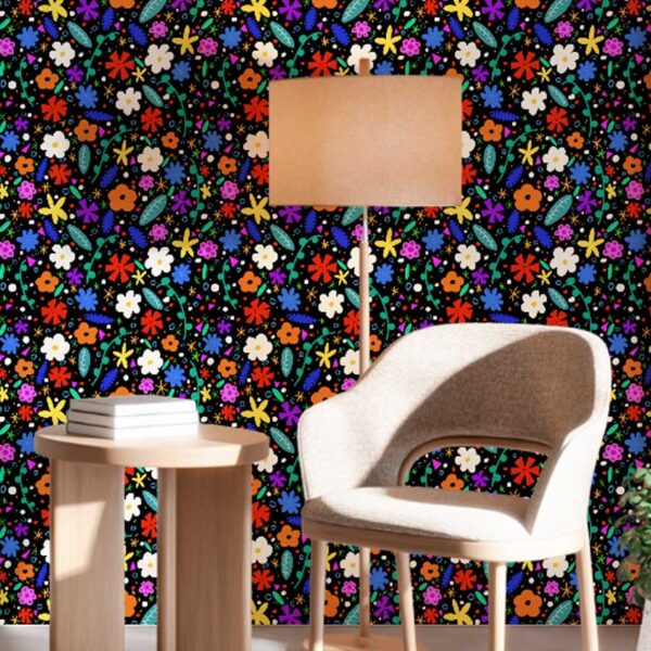 A zoomed-in of wild and Free wallpaper with colorful flowers and playful botanical shapes on a black background.